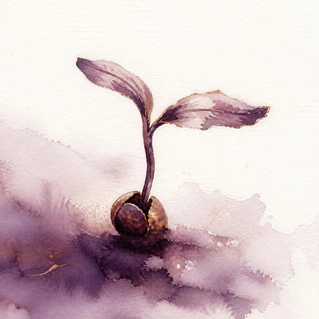 A tender seedling emerging, painted in aubergine watercolour with soft gold