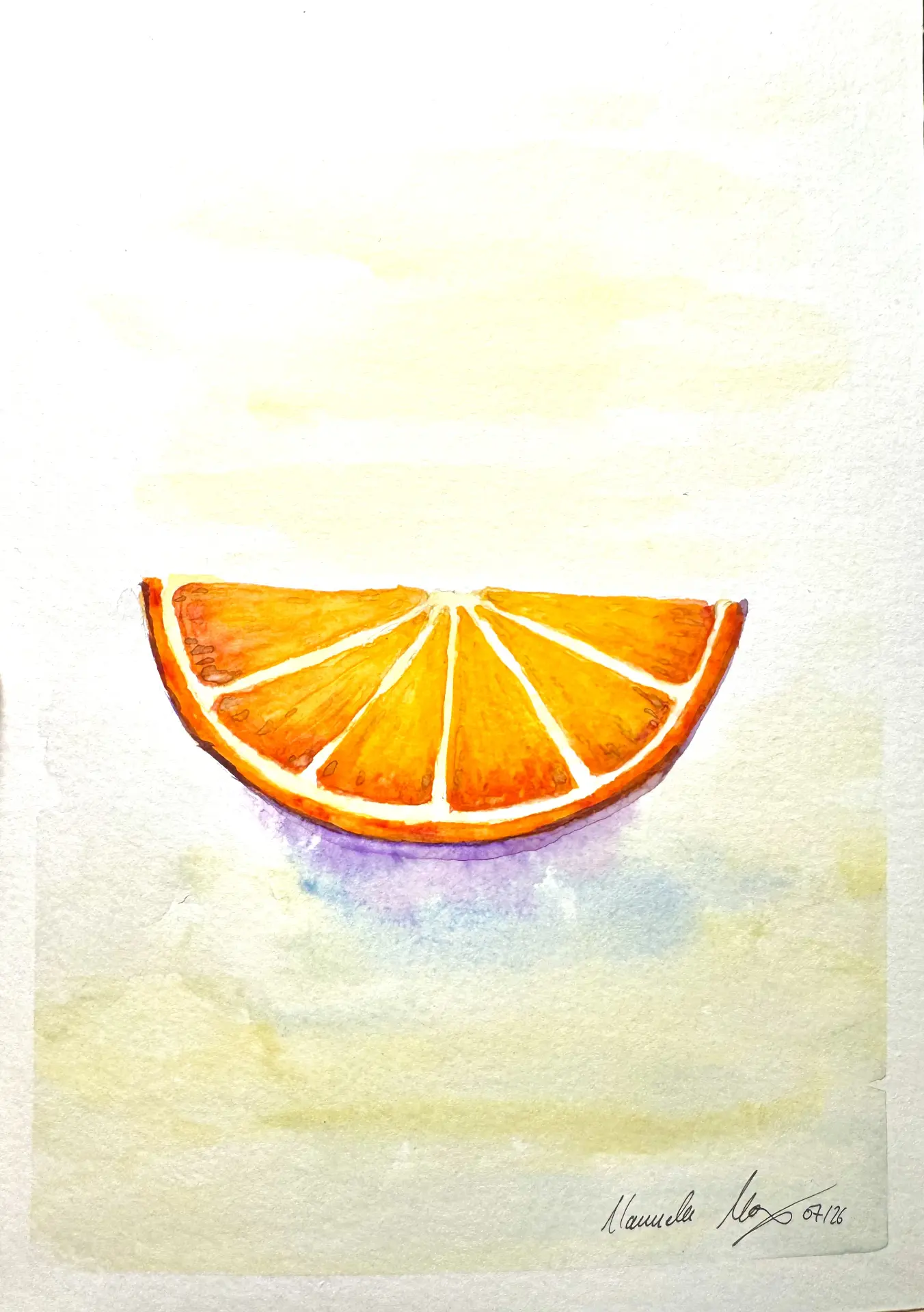 Student watercolour study of an orange slice with soft shadow