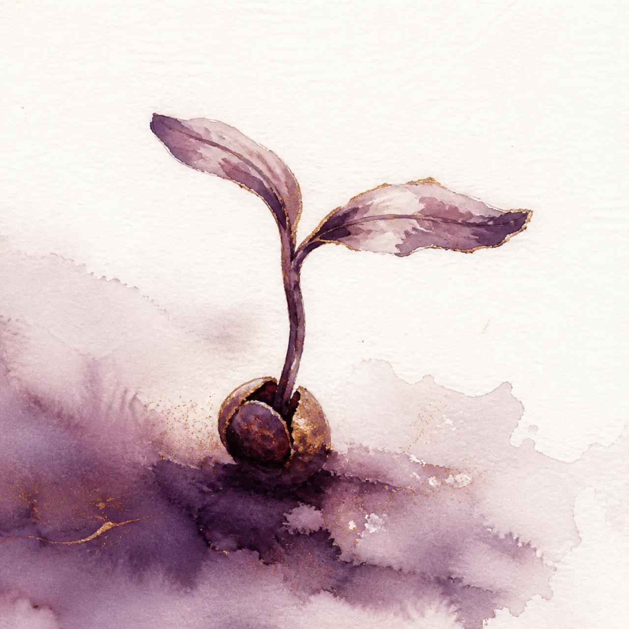 A tender seedling emerging, painted in aubergine watercolour with soft gold
