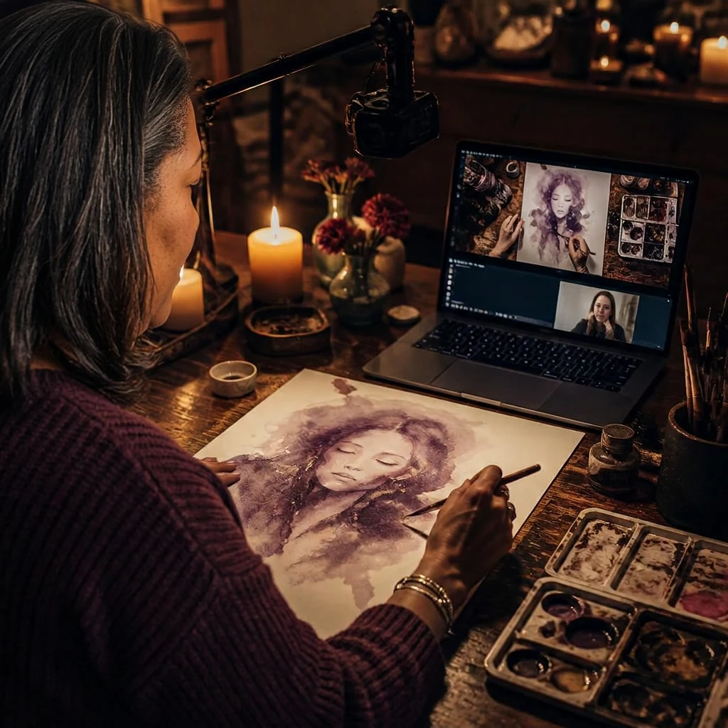 Anne-Marie painting a spirit portrait in watercolour beside her laptop during a live online session