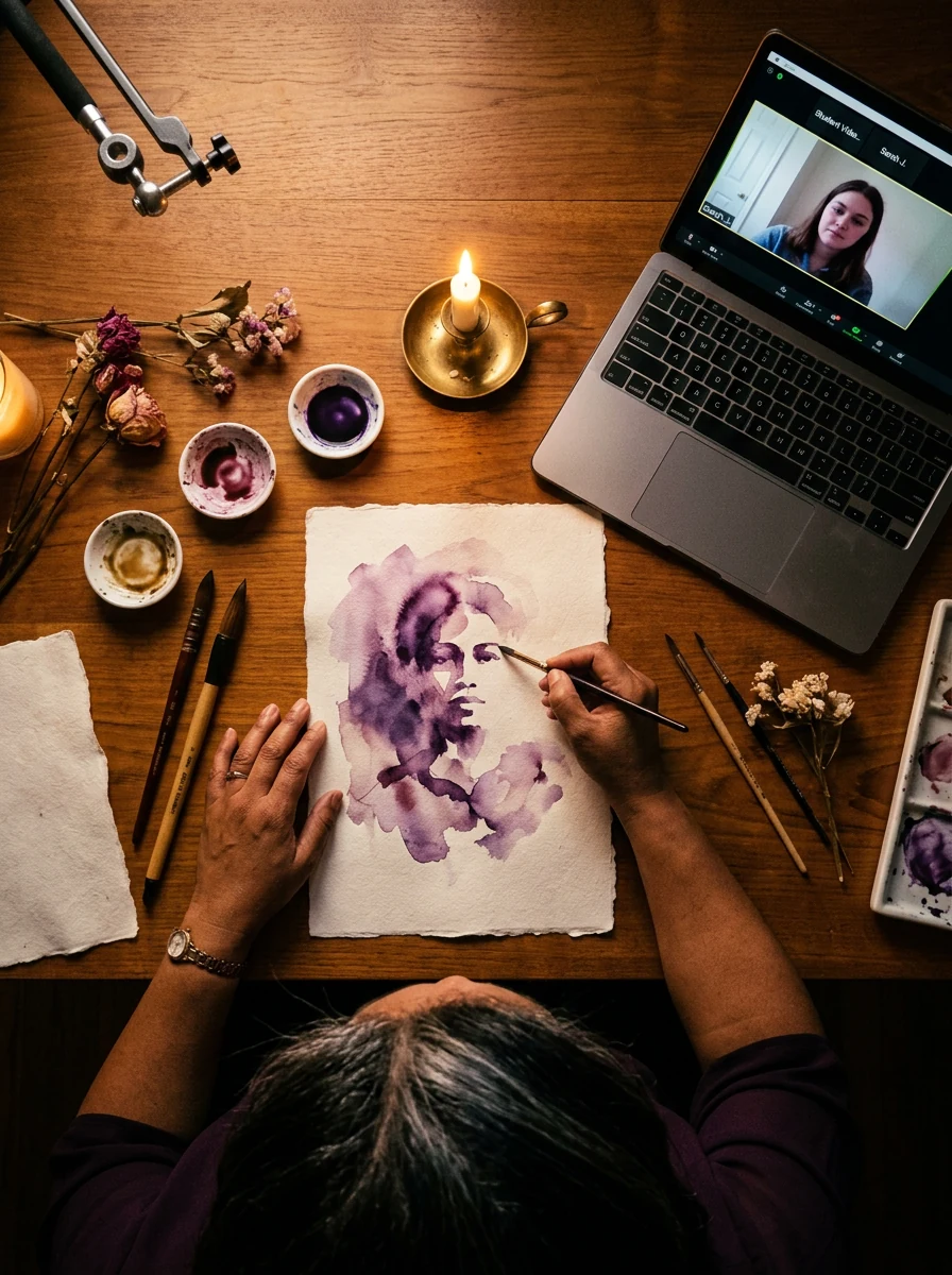 Anne-Marie Bond teaching a live one-to-one online watercolour lesson over Zoom from her candlelit studio