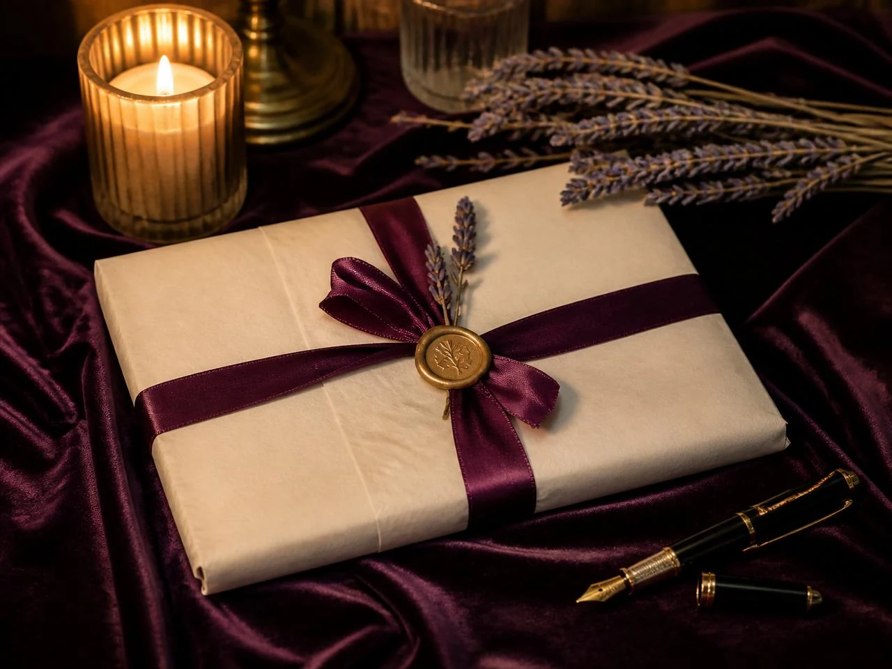 Watercolour Mastery certificate wrapped in tissue and plum ribbon, ready to be posted