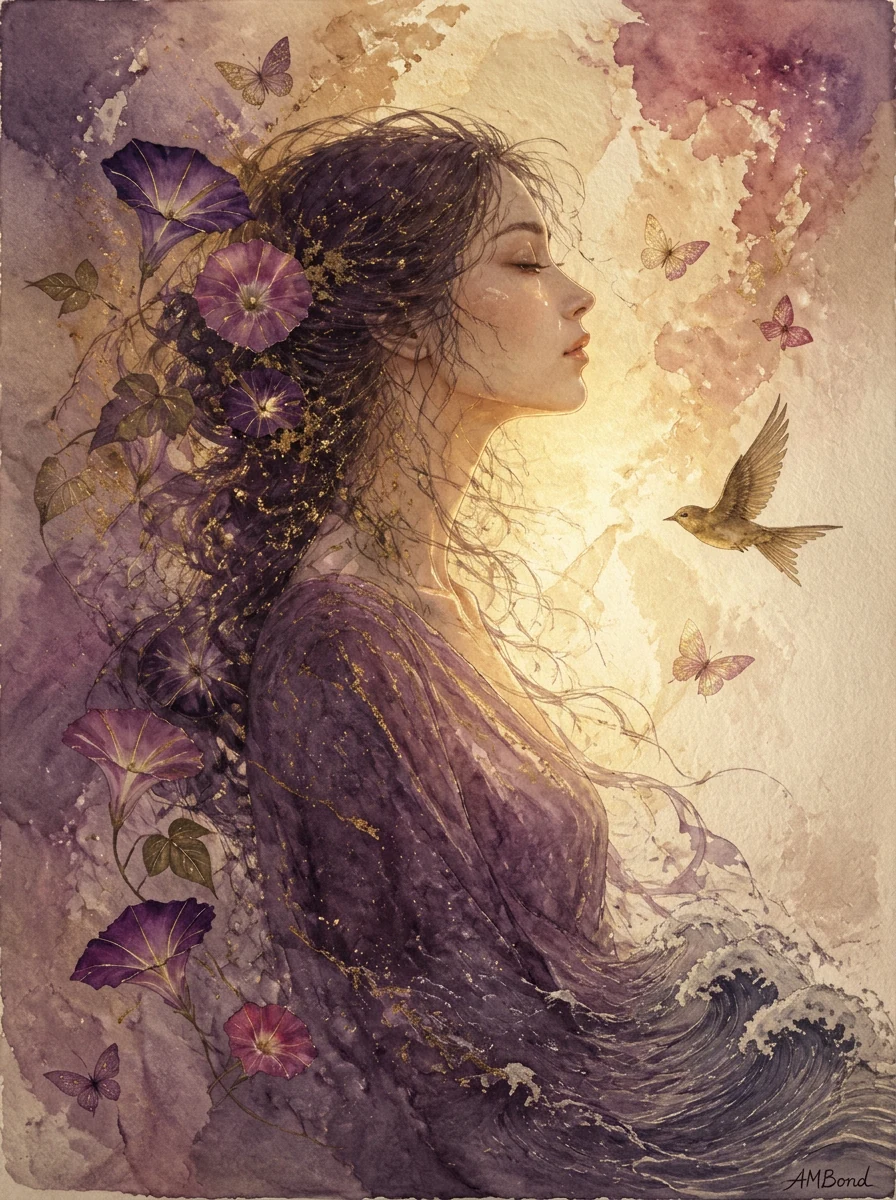 Original watercolour of a serene muse with flowing hair, butterflies and morning glory flowers, signed AMBond